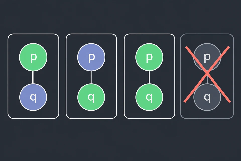 Leggi conoscenza e query. La base di conoscenza è KB = p ∨ q; minimizziamo p e q e chiediamo se p è vera in almeno un modello minimale. I riquadri sono i quattro assegnamenti, con in verde gli atomi veri: p, q, p, q e quello senza atomi veri, barrato perché non soddisfa p ∨ q.