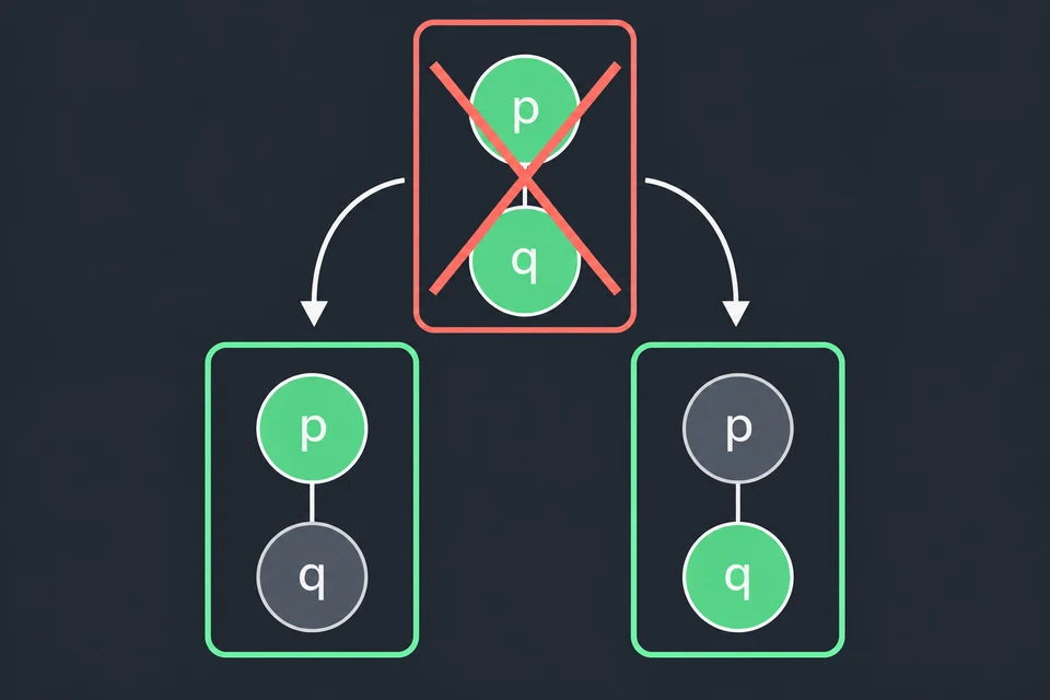 Elimina il modello non minimale. In alto il modello p, q è barrato. Le frecce portano ai modelli p e q, contenuti in p, q e anch'essi compatibili con KB: esistono modelli strettamente più piccoli, quindi p, q non è minimale.