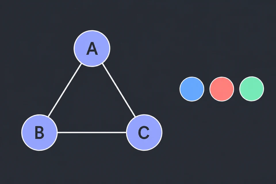 Osserva il triangolo. Il grafo è un triangolo: gli archi AB, BC e CA collegano ogni vertice agli altri due, e per questo due colori non bastano. A destra ci sono i tre colori disponibili: blu, corallo e verde.