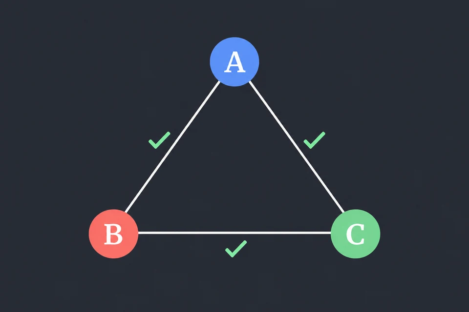 Verifica gli archi. Su ogni arco c'è un segno di spunta: AB unisce blu e corallo, BC corallo e verde, CA verde e blu. Nessun arco ha gli estremi dello stesso colore, quindi il triangolo è 3-colorabile.