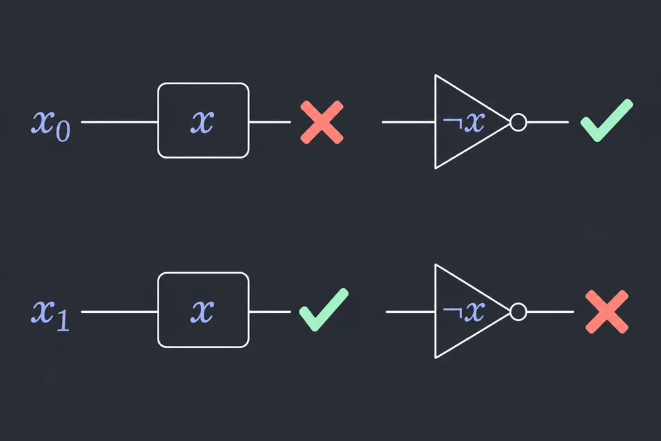 Controlla i due assegnamenti. Ogni riga è un assegnamento. Con x = 0, in alto, la clausola x è falsa (croce rossa) e ¬ x è vera. Con x = 1, in basso, succede il contrario: x è vera e ¬ x è falsa.