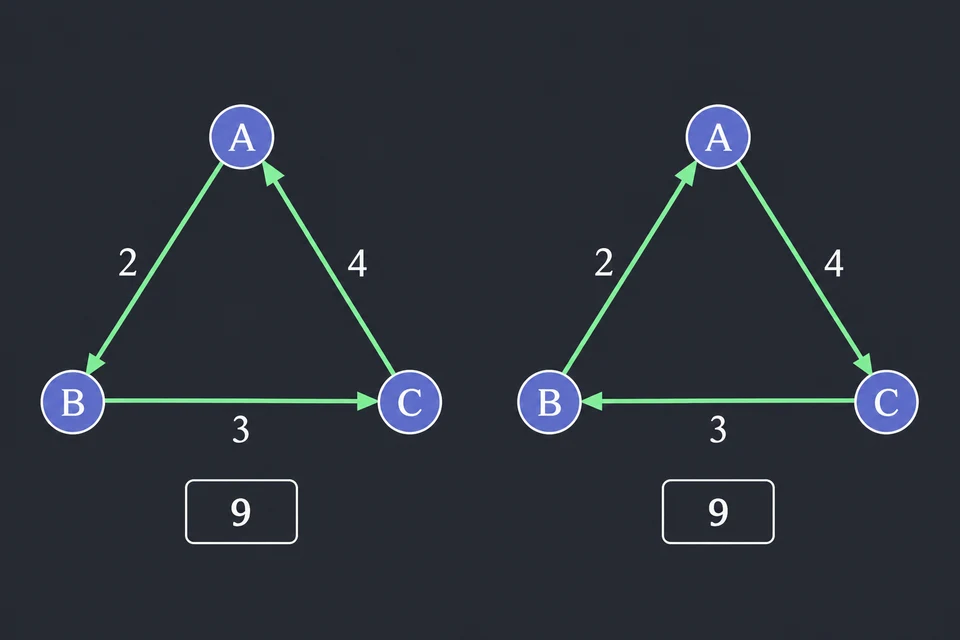 Esamina i giri. Partendo da A, con tre città i giri sono due: A → B → C → A a sinistra e A → C → B → A a destra, lo stesso percorso al contrario. Il riquadro sotto ciascuno riporta il costo, 2 + 3 + 4 = 9 in entrambi i casi.