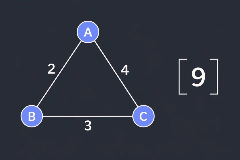 Leggi il valore richiesto. Le distanze sono AB = 2, BC = 3, CA = 4. Il 9 fra parentesi quadre è il valore B = 9, un numero e non la città B: chiediamo se il giro più corto costa esattamente 9.