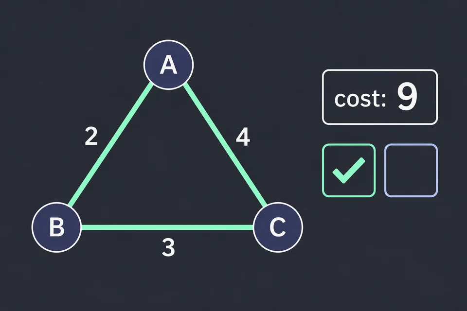 Trova un giro entro B. Il giro A → B → C → A usa i tre lati, in verde, e costa 2 + 3 + 4 = 9. È il primo controllo, di tipo NP: esiste un giro di costo ≤ 9. Il primo riquadro ha il segno di spunta; il secondo, ancora vuoto, è il controllo che resta.