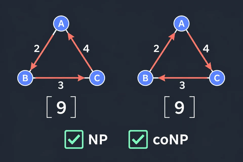 Escludi giri sotto B. Il secondo controllo, di tipo coNP, deve escludere ogni giro di costo < 9. I giri possibili sono due, A → B → C → A e A → C → B → A, e sotto ciascuno c'è il costo 9. Nessuno scende sotto 9, quindi anche il riquadro coNP ha il segno di spunta e l'ottimo è esattamente 9.