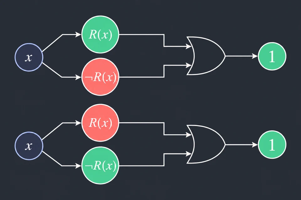 Usa una legge logica. Per un elemento x qualunque, in un'interpretazione qualunque, i casi sono due. Se R(x) è vera (riga in alto, cerchio verde) l'OR dà 1; se è falsa (riga in basso) è vera ¬ R(x) e l'OR dà di nuovo 1.