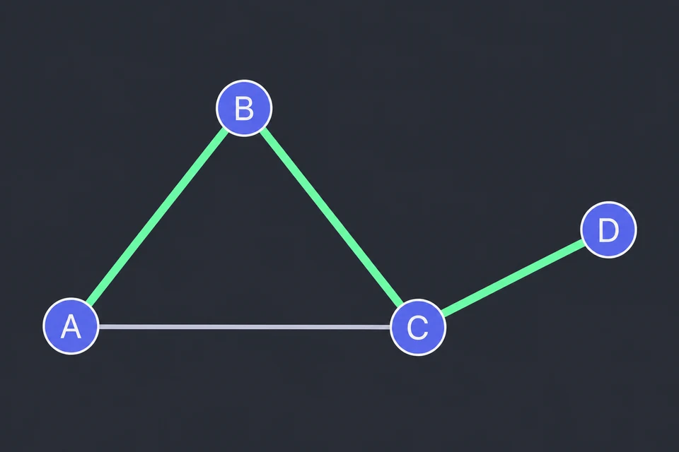 Verifica i passi. I passi A → B, B → C e C → D usano gli archi AB, BC e CD, in verde; l'arco AC, grigio, non serve. L'ordine tocca tutti i vertici senza ripetizioni, quindi A, B, C, D è un cammino hamiltoniano.