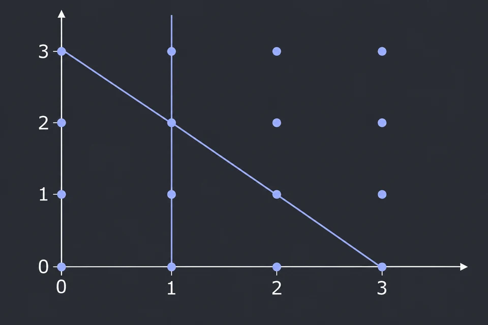 Leggi i vincoli. I vincoli sono x ≥ 1, y ≥ 0 e x + y ≤ 3, e in più x e y devono essere interi. I pallini sono i punti con coordinate intere da 0 a 3, e le due rette sono x = 1 e x + y = 3. Una soluzione deve essere uno di questi pallini.