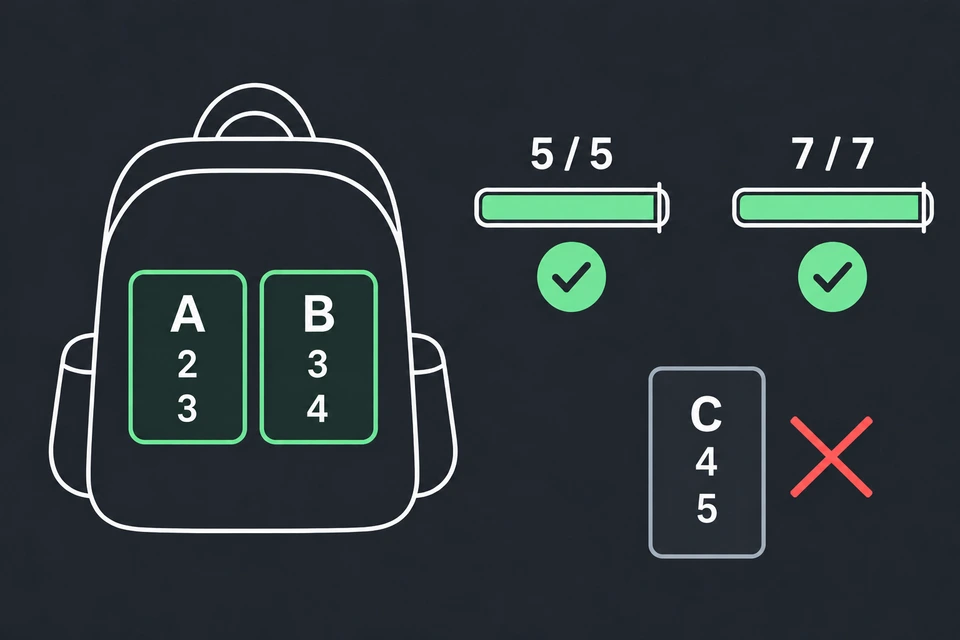 Verifica i due limiti. La prima barra è il peso: 2 + 3 = 5 su un massimo di 5, quindi 5 ≤ W. La seconda è il valore: 3 + 4 = 7 con obiettivo 7, quindi 7 ≥ K. Entrambe hanno un segno di spunta, e la carta di C, fuori dallo zaino con una croce rossa accanto, non entra nei conti.