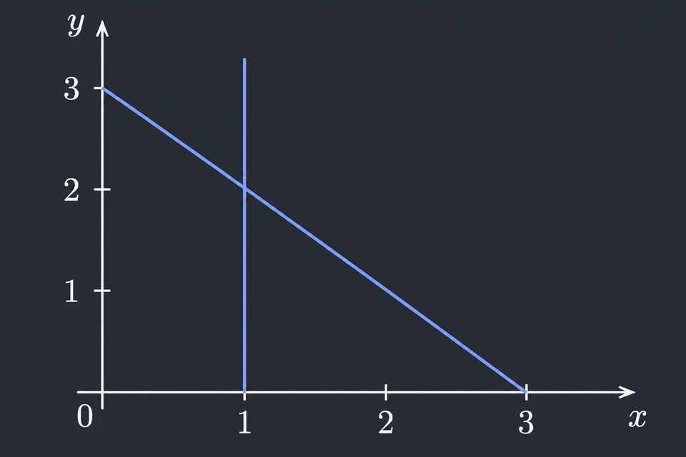 Traduci i vincoli. I vincoli sono x ≥ 1, y ≥ 0 e x + y ≤ 3, con x e y reali. Nel disegno la retta verticale è x = 1, quella obliqua da (0, 3) a (3, 0) è x + y = 3, e il bordo di y ≥ 0 è l'asse x. Ogni vincolo ammette i punti da un lato della sua retta, retta compresa.