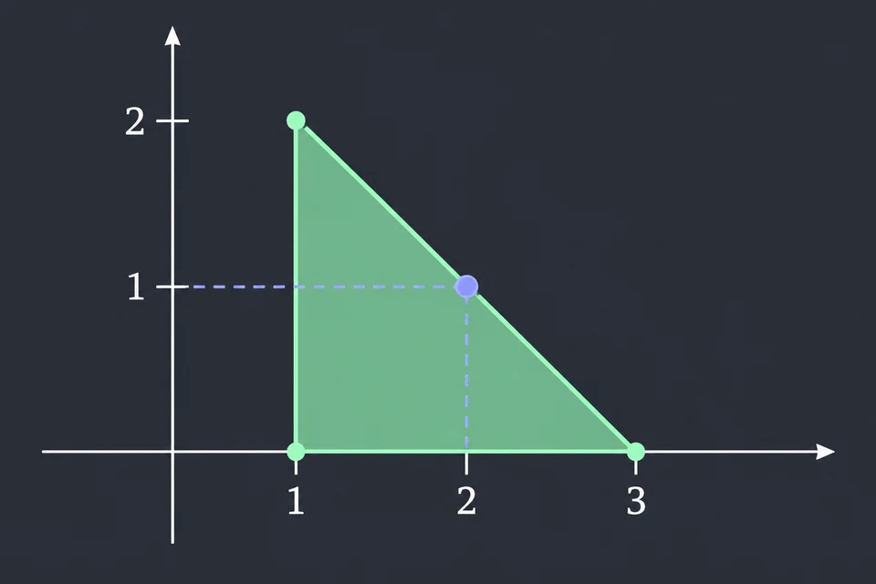 Scegli e verifica. Il punto blu, con le linee tratteggiate verso gli assi, è (2, 1). Sta sul lato obliquo del triangolo, perché 2 + 1 = 3, e il vincolo x + y ≤ 3 ammette l'uguaglianza. Valgono anche 2 ≥ 1 e 1 ≥ 0, quindi (2, 1) è una soluzione.