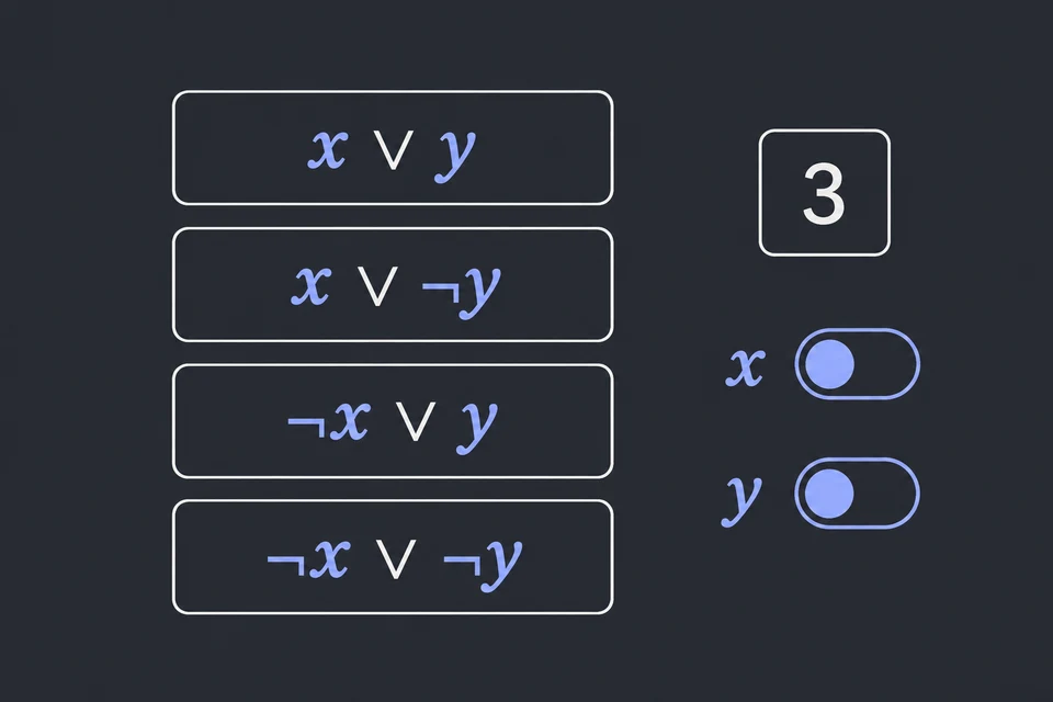 Leggi soglia e clausole. A sinistra ci sono le quattro clausole x ∨ y, x ∨ ¬ y, ¬ x ∨ y e ¬ x ∨ ¬ y; il riquadro con il 3 è la soglia K = 3. Gli interruttori di x e y servono a scegliere i valori. Basta rendere vere almeno 3 clausole su 4.