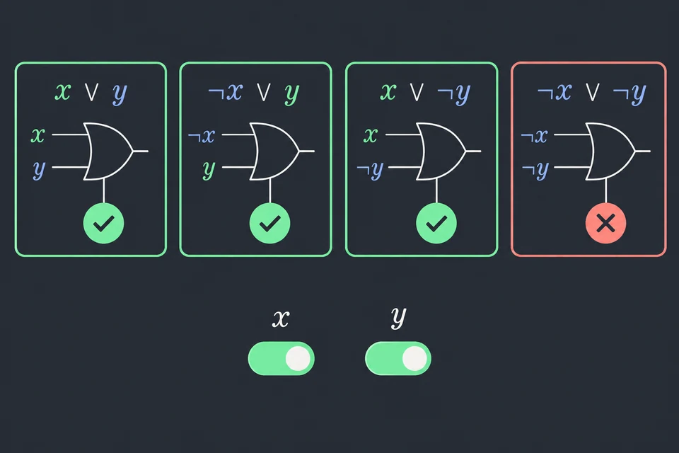Conta quelle vere. Con x = y = 1, gli interruttori verdi, ogni clausola diventa una porta OR. x ∨ y, ¬ x ∨ y e x ∨ ¬ y hanno un segno di spunta, mentre ¬ x ∨ ¬ y è in rosso con una croce, perché i suoi due letterali valgono 0. Le clausole vere sono 3.