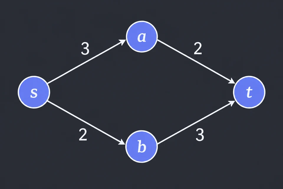 Leggi le capacità. I numeri sugli archi sono le capacità: s → a porta al più 3 unità, a → t ne porta 2, s → b 2 e b → t 3. Vogliamo sapere se da s a t passa un flusso di valore almeno K = 4.