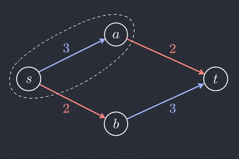 Certifica il massimo. Il tratteggio racchiude s e a: è il taglio s, a / b, t. Gli archi rossi, a → t e s → b, sono quelli che lo attraversano, con capacità 2 + 2 = 4. Ogni flusso da s a t deve passare di lì, quindi non supera 4 e quello trovato è massimo.