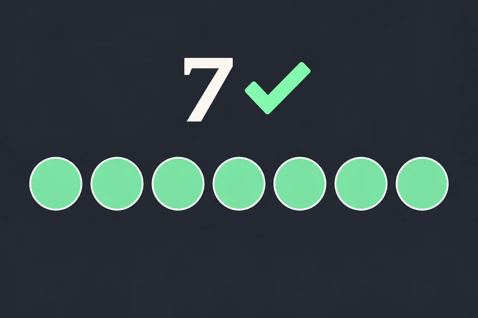 Concludi che 7 è primo. Il 2 non divide 7 e fino a ⌊√7⌋ non ci sono altri candidati, quindi gli unici divisori di 7 sono 1 e 7. Il segno di spunta accanto al 7 e i sette pallini verdi indicano che 7 è primo.