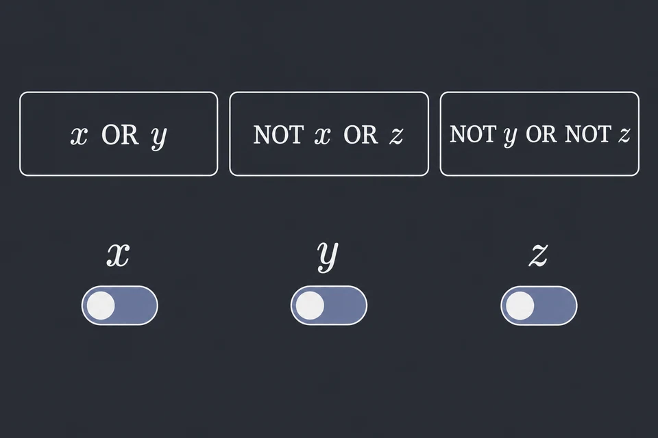 Leggi l'istanza. I tre riquadri sono le clausole di (x ∨ y) ∧ (¬ x ∨ z) ∧ (¬ y ∨ ¬ z), scritte con OR e NOT. La formula è vera solo se lo sono tutte e tre. Gli interruttori sotto servono a scegliere i valori di x, y e z.