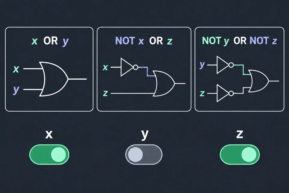 Scegli un assegnamento. Ogni clausola è ridisegnata come un piccolo circuito: una porta OR, con una NOT davanti a ogni letterale negato. Gli interruttori fissano il candidato x = 1, y = 0, z = 1: x e z sono accesi in verde, y è spento.