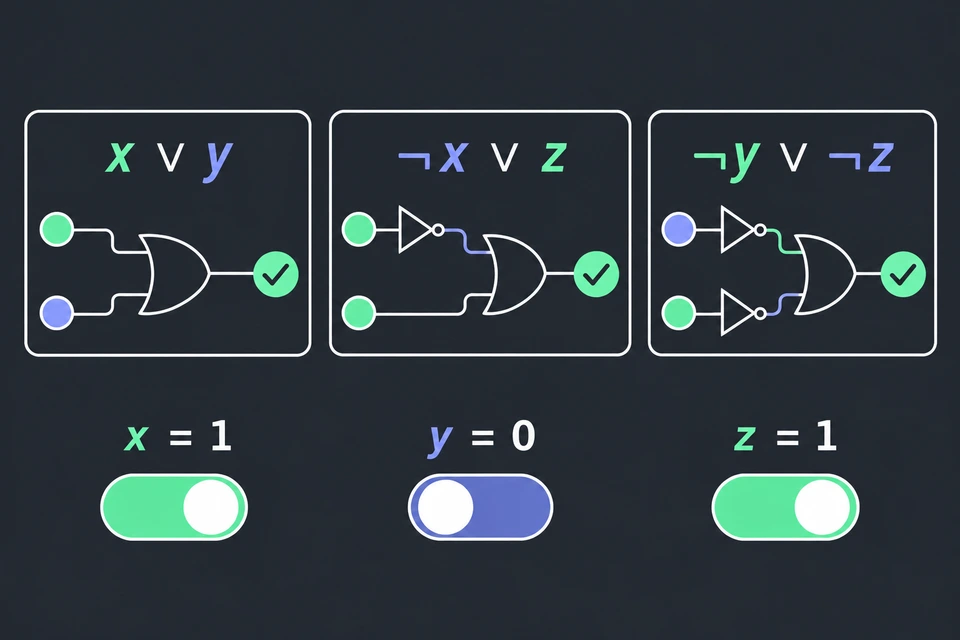 Verifica il certificato. Con x = 1, y = 0, z = 1 ogni porta OR ha in uscita un segno di spunta: in x ∨ y è vero x, in ¬ x ∨ z è vero z, in ¬ y ∨ ¬ z è vero ¬ y. La formula vale 1, e per controllarlo è bastato un passaggio per clausola. Se il candidato fallisse, per decidere l'istanza bisognerebbe provarne un altro.