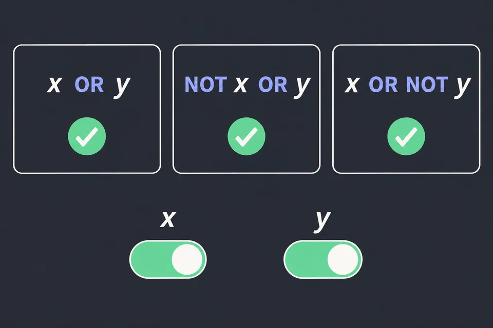 Verifica tutte le clausole. Con x = y = 1, gli interruttori accesi, ogni riquadro ha un segno di spunta verde. In x ∨ y e in ¬ x ∨ y è vero y, in x ∨ ¬ y è vero x, quindi la formula è soddisfatta.
