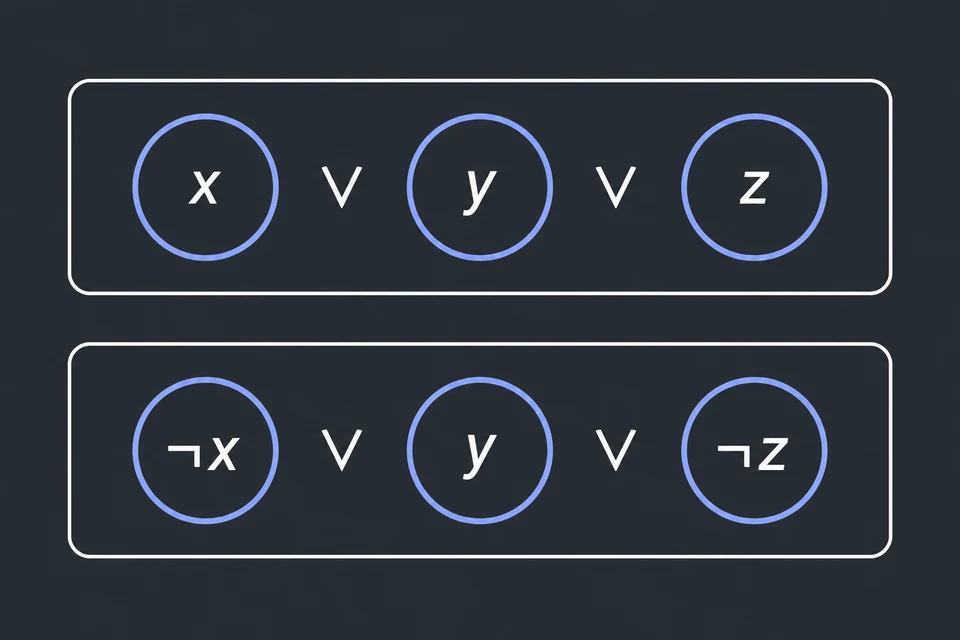 Conta i letterali. I due riquadri sono le clausole di (x ∨ y ∨ z) ∧ (¬ x ∨ y ∨ ¬ z). Ogni cerchio è un letterale e ogni riquadro ne contiene tre, come chiede 3-SAT. La formula è vera se in ogni riquadro almeno un cerchio è vero.