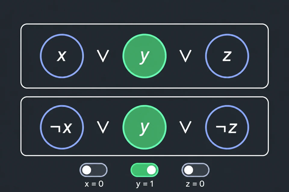 Scegli il certificato. Gli interruttori in basso fissano x = 0, y = 1, z = 0. In verde ci sono i due cerchi di y: con y = 1 quel letterale è vero in entrambe le clausole. Nella seconda sarebbero veri anche ¬ x e ¬ z, ma per soddisfarla basta un letterale.