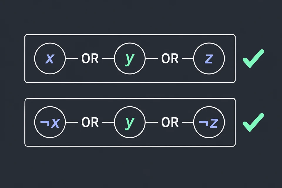 Controlla tutte le clausole. Accanto a ogni riquadro c'è un segno di spunta verde: con x = 0, y = 1, z = 0 entrambe le clausole valgono 1. La congiunzione è soddisfatta e l'assegnamento è un certificato del sì.