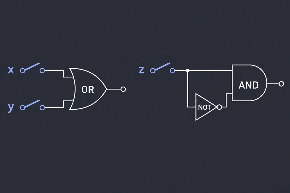 Separa le due formule. A sinistra c'è il circuito di φ = x ∨ y, una porta OR con gli interruttori x e y. A destra quello di ψ = z ∧ ¬ z: z entra in una AND sia direttamente sia passando per una NOT. La domanda chiede insieme SAT(φ) e UNSAT(ψ).