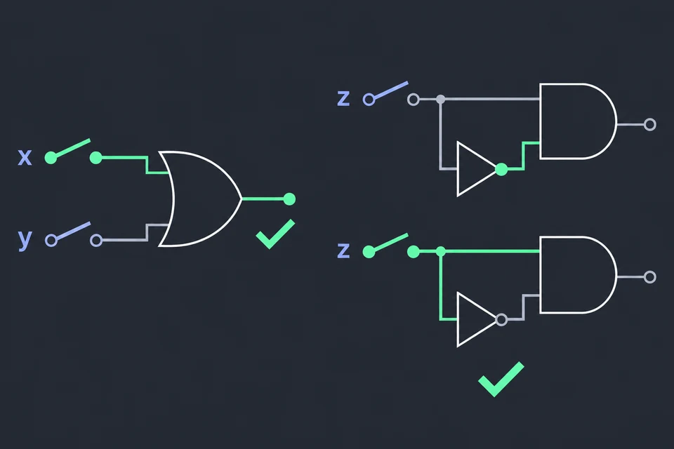 Controlla il lato UNSAT. Per ψ servono tutti e due i valori di z, disegnati a destra: sopra z = 0, sotto z = 1. Con z = 0 la NOT dà 1 ma z vale 0; con z = 1 è la NOT a dare 0. L'uscita della AND resta grigia, cioè 0, in entrambi i casi, quindi ψ è insoddisfacibile e i due segni di spunta dicono che i controlli riescono insieme.