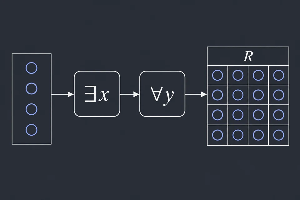 Leggi la forma. La formula è ∃ x ∀ y R(x, y), senza simboli di funzione: serve un elemento x in relazione con ogni y. Il disegno mostra lo schema generale, con un dominio ancora da scegliere (i cerchi vuoti a sinistra), la scelta ∃ x, il controllo ∀ y e la tabella di R, che ha una casella per ogni coppia di elementi.