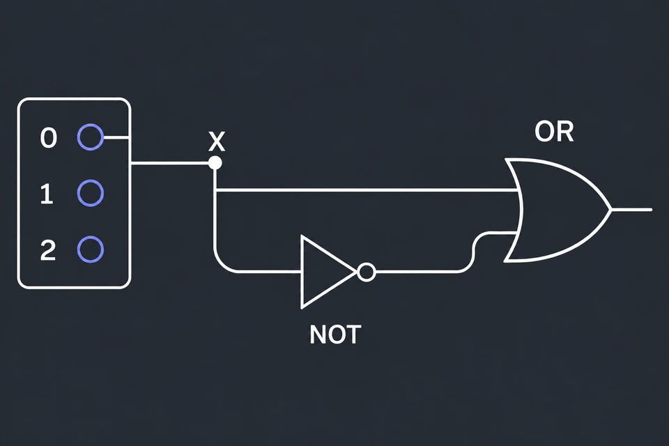 Ricostruisci le porte dell'esempio. Interrogando la descrizione sui numeri 0, 1 e 2 si ottengono tipo e ingressi di ogni porta, e il circuito si ricompone. L'ingresso x entra nella porta OR direttamente e, passando per la NOT, una seconda volta come NOT(x).