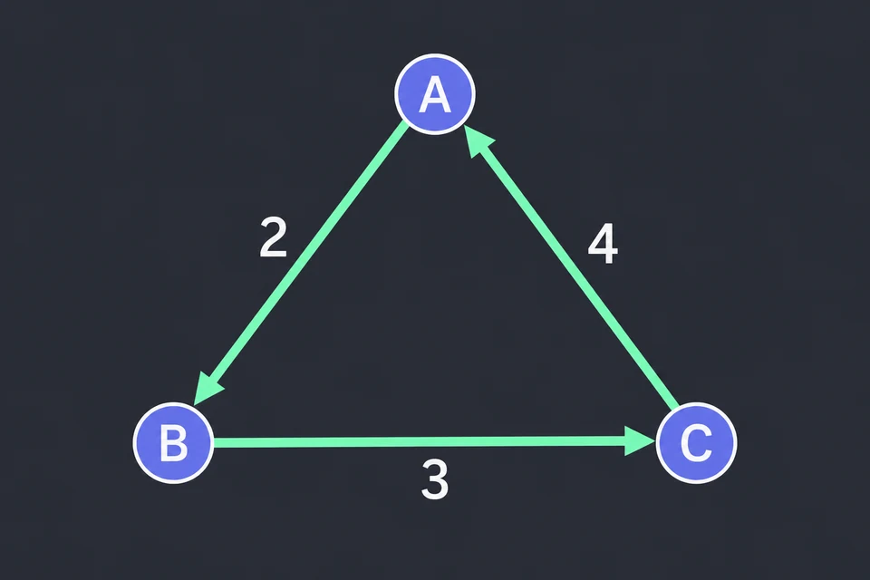 Costruisci un giro. Le frecce verdi seguono il giro A → B → C → A, che passa per tutte le città e torna alla partenza. Sommando le distanze dei tre lati si ottiene 2 + 3 + 4 = 9.