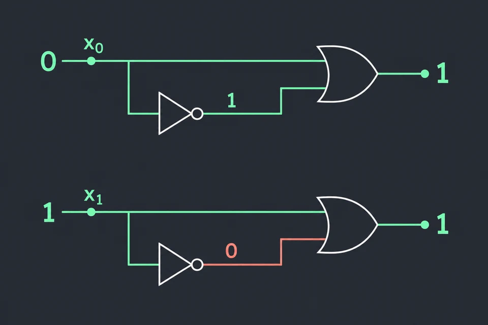 Esamina entrambi i casi. Il circuito è disegnato due volte. Sopra entra x = 0: la NOT dà 1 e l'OR dà 1, grazie a ¬ x. Sotto entra x = 1: la NOT dà 0, in rosso, e l'OR dà comunque 1, grazie a x.