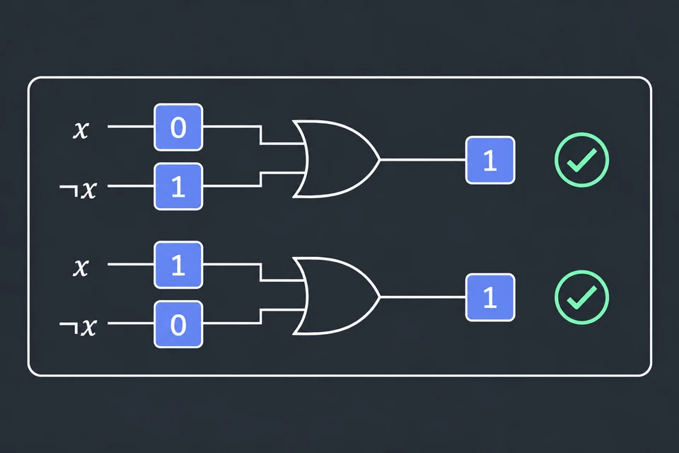 Concludi per tutti i valori. Il riquadro riassume i due casi. Gli ingressi dell'OR, cioè i valori di x e di ¬ x, sono 0 e 1 quando x = 0, 1 e 0 quando x = 1, e in entrambe le righe l'uscita è 1, con un segno di spunta. Gli assegnamenti possibili sono solo questi due, quindi x ∨ ¬ x è valida.